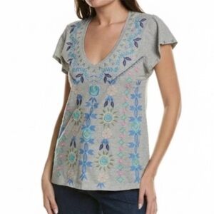 Johnny Was Gray “Oriel” Flutter Sleeve Top With Embroidery Extra Small EUC!